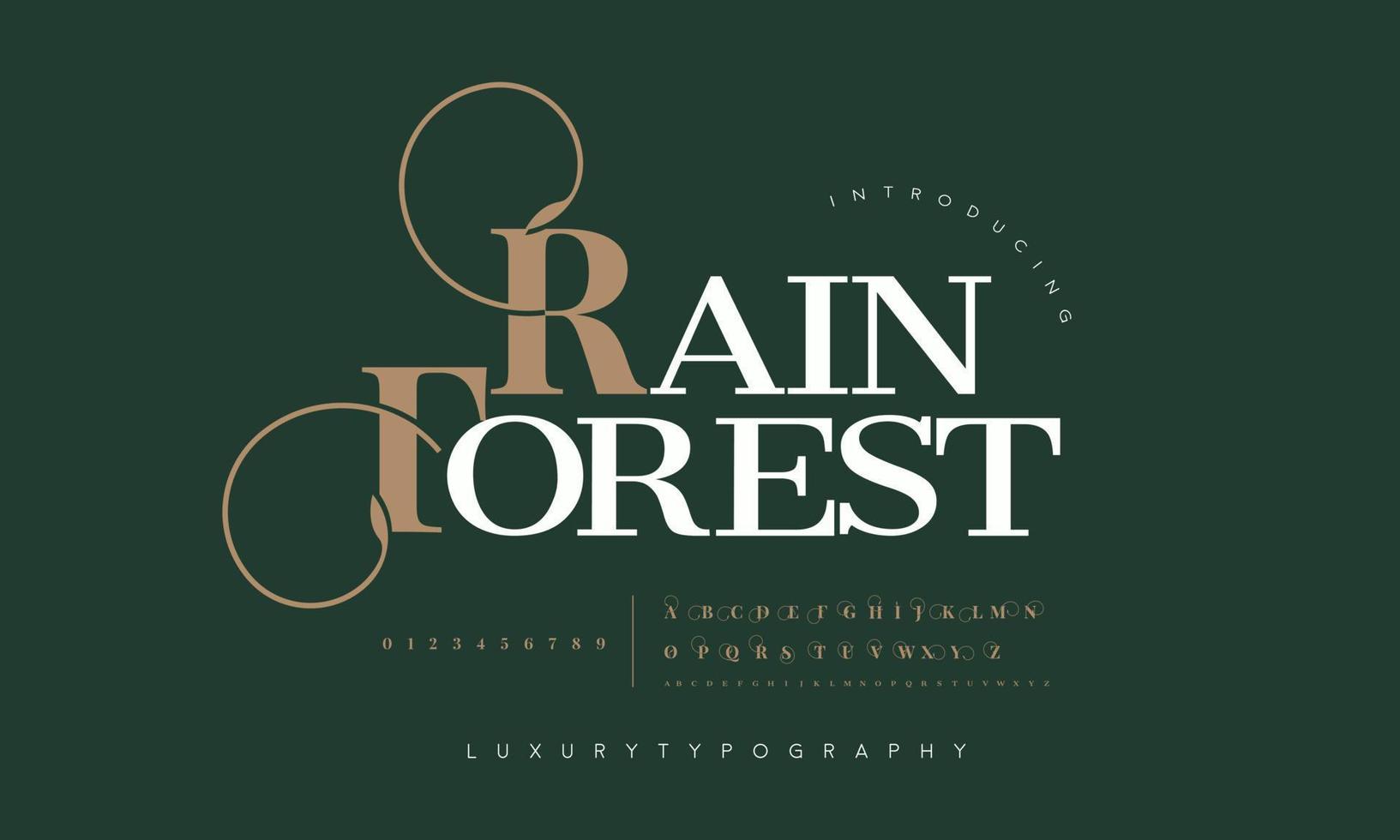 regn skog mode font alfabet. minimal modern urban typsnitt för logotyp, varumärke etc. typografi typsnitt versal små bokstäver och siffra. vektor illustration