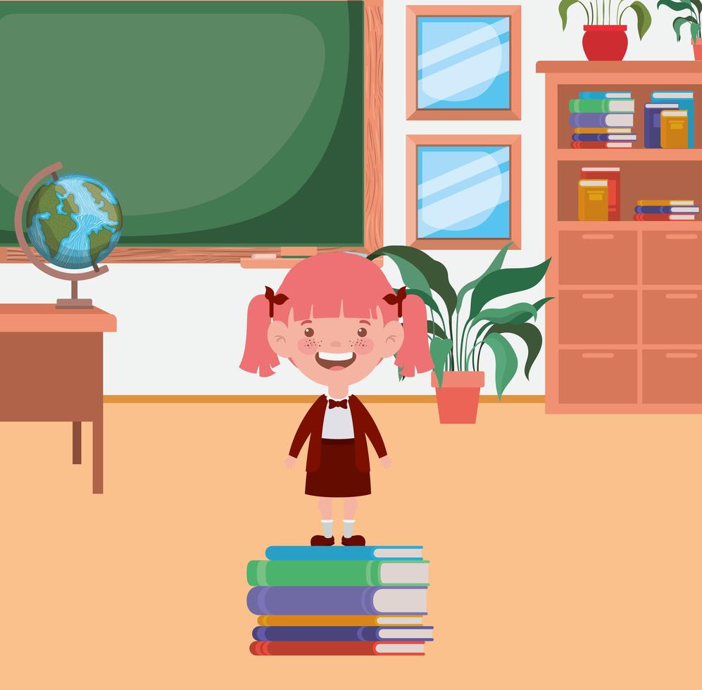 kleines Schulmädchen mit Stapelbüchern im Klassenzimmer vektor