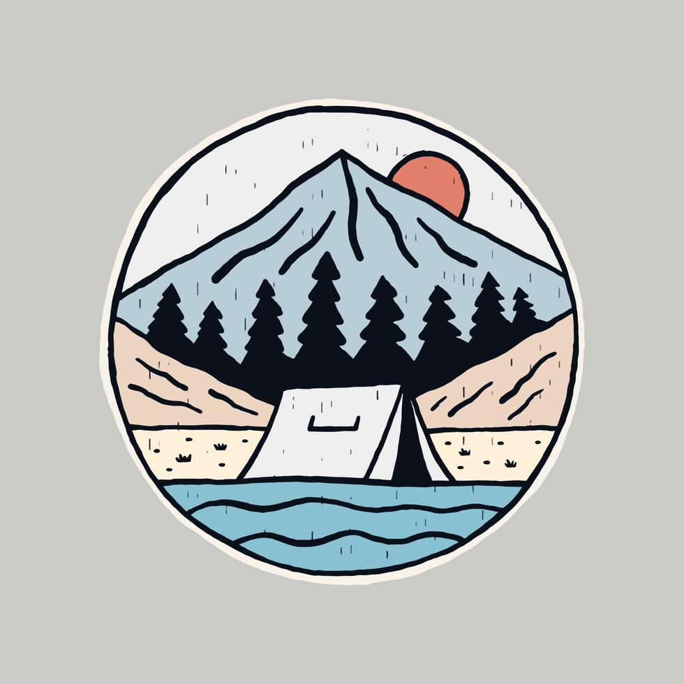 Natur Camping, Aussicht das Berg und Camping in der Nähe von ein Fluss Design zum Abzeichen, Aufkleber, Patch, t Hemd Vektor Design