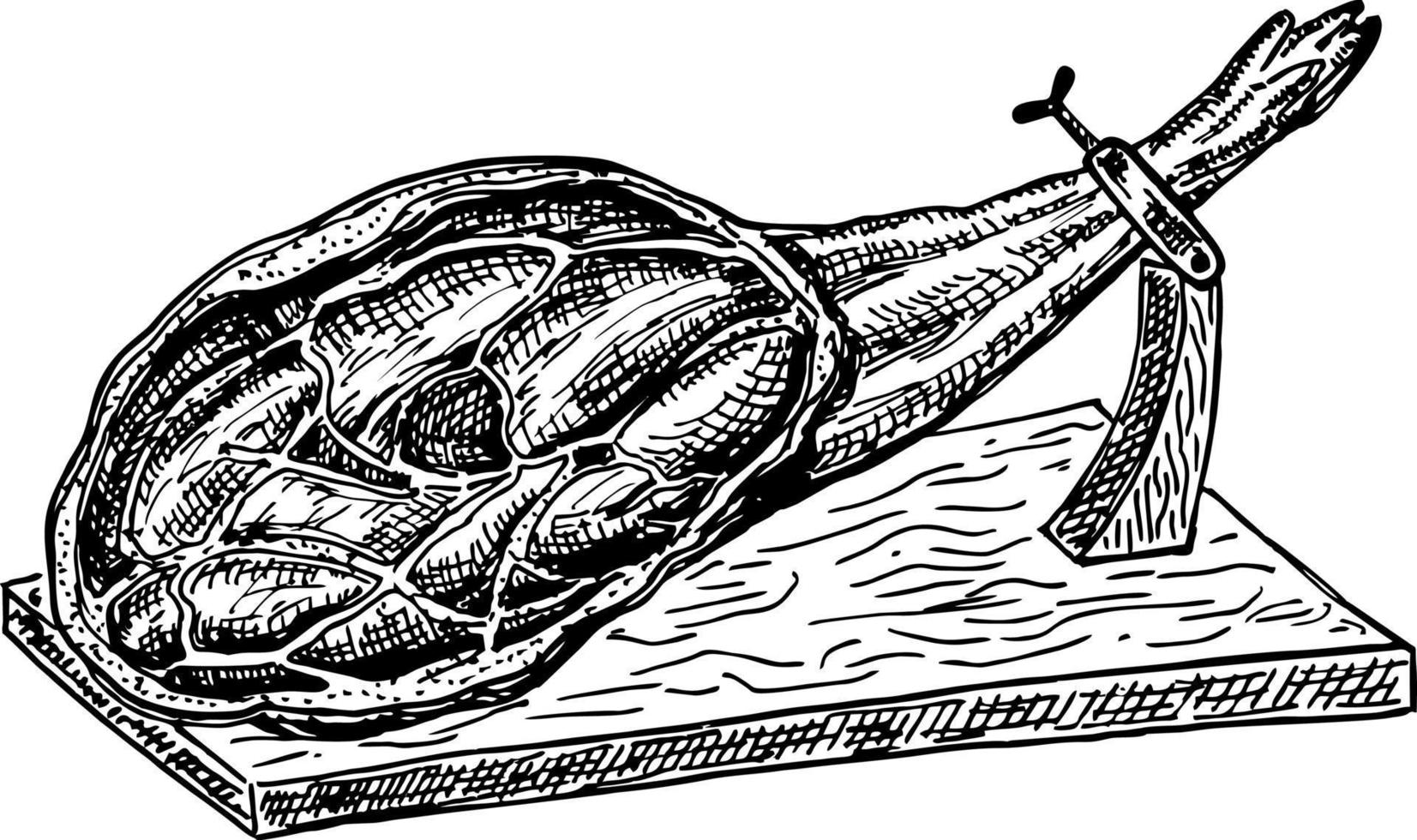 spanska jamon hand dragen skiss illustration. jamon, traditionell ryckig, torkad fläsk, skinka skiss, trä- hackning stå. kött produkt eller bruka fläsk gravyr vektor. gravyr, årgång stil vektor