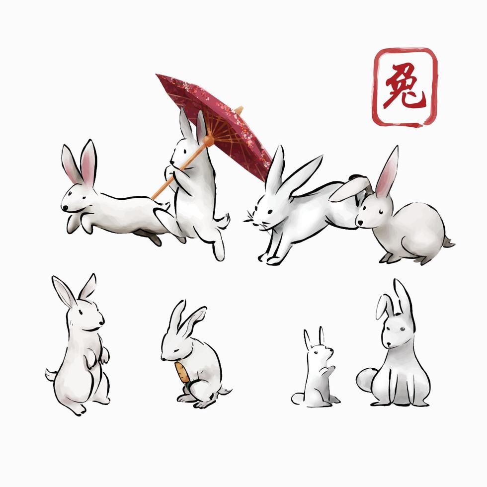 Gruppe von Kaninchen Chinesisch Hand zeichnen Stil Vektor Illustration auf Weiß Hintergrund