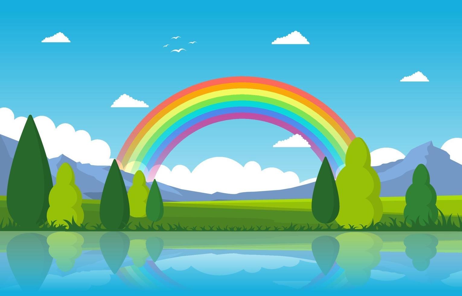 Regenbogen über Teichsee-Naturlandschaftslandschaftsillustration vektor