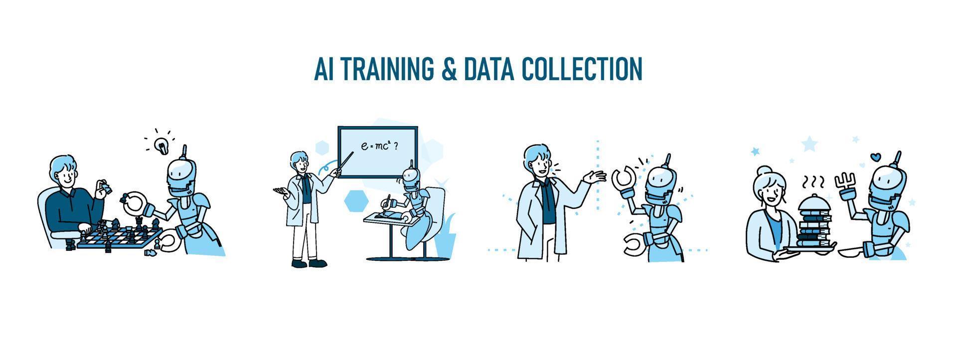 uppsättning av artificiell intelligens illustration, grupp av robot ai och människor aktiviteter grafisk blå tona Färg modern tecknad serie stil vektor