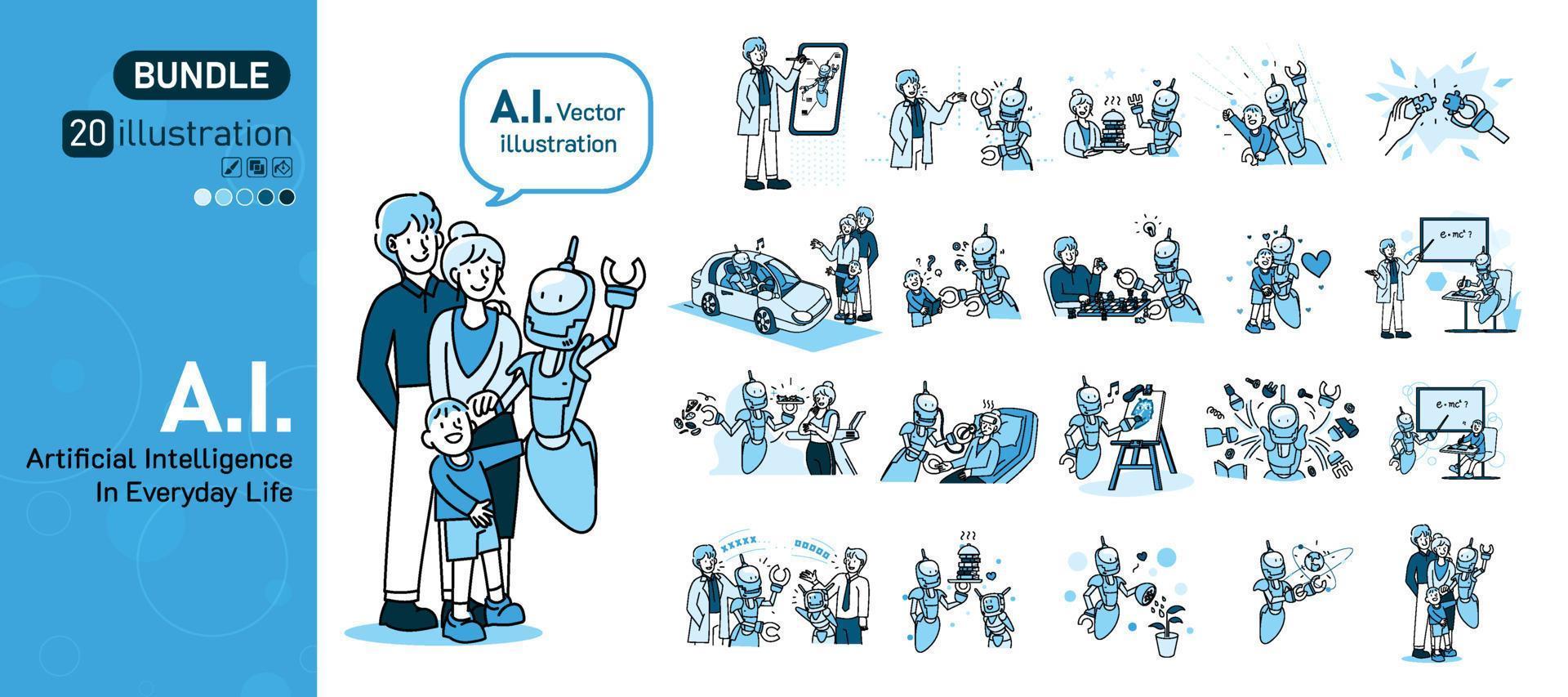 einstellen von künstlich Intelligenz Illustration, Gruppe von Roboter ai und Menschen Aktivitäten Grafik Blau Ton Farbe modern Karikatur Stil Mega bündeln Pack. vektor