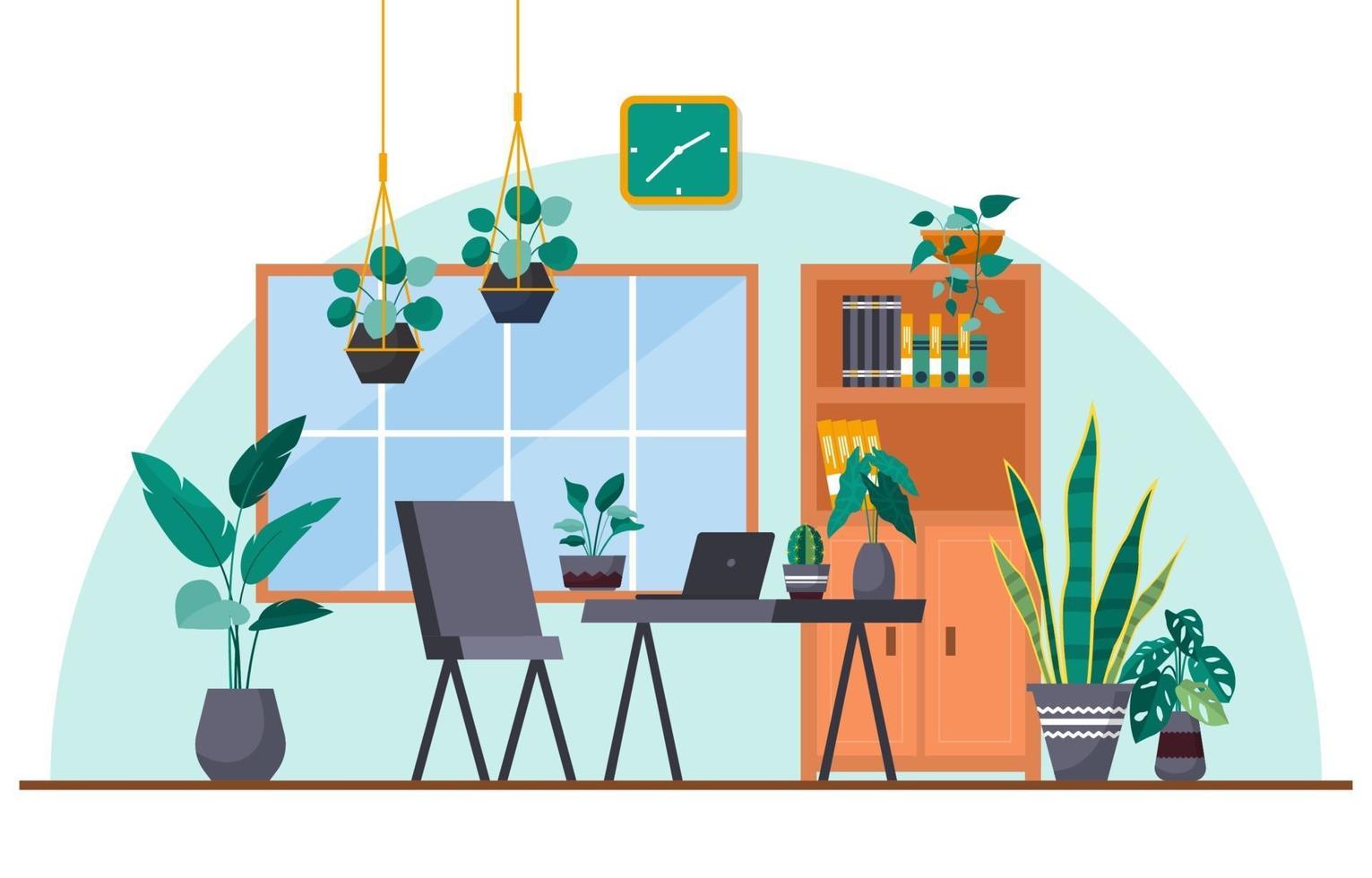 tropische Zimmerpflanze grüne dekorative Pflanze in Büroarbeitsplatzillustration vektor