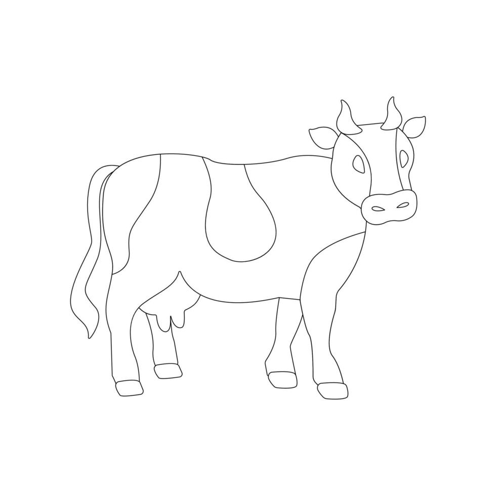 Vektor gezeichnet entdeckt Stehen Kuh auf ein Licht Hintergrund. lehrreich Karte mit inländisch Bauernhof Tier. Färbung zum Kinder.