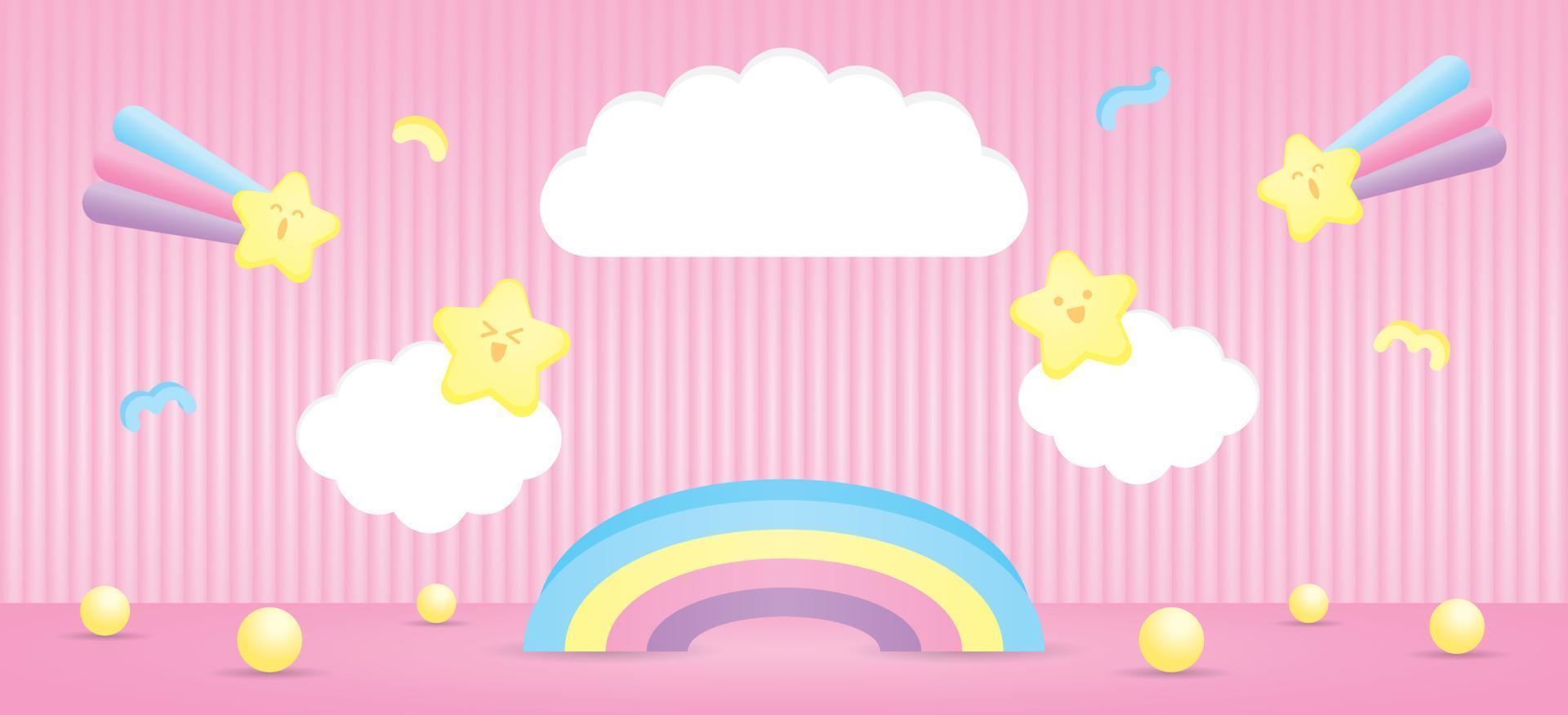 Regenbogen Anzeige Stand mit Wolke Zeichen und süß kawaii Element auf Pastell- Rosa Fußboden und Mauer 3d Illustration Vektor zum Putten Objekt