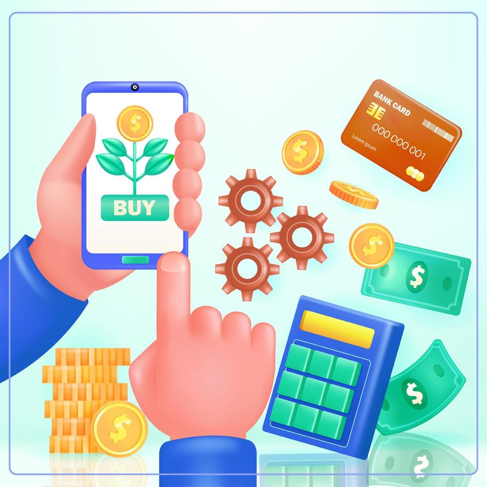 finansiell 3d vektor illustration av en hand innehav en smartphone, handla, kreditera kort, kalkylator och pengar