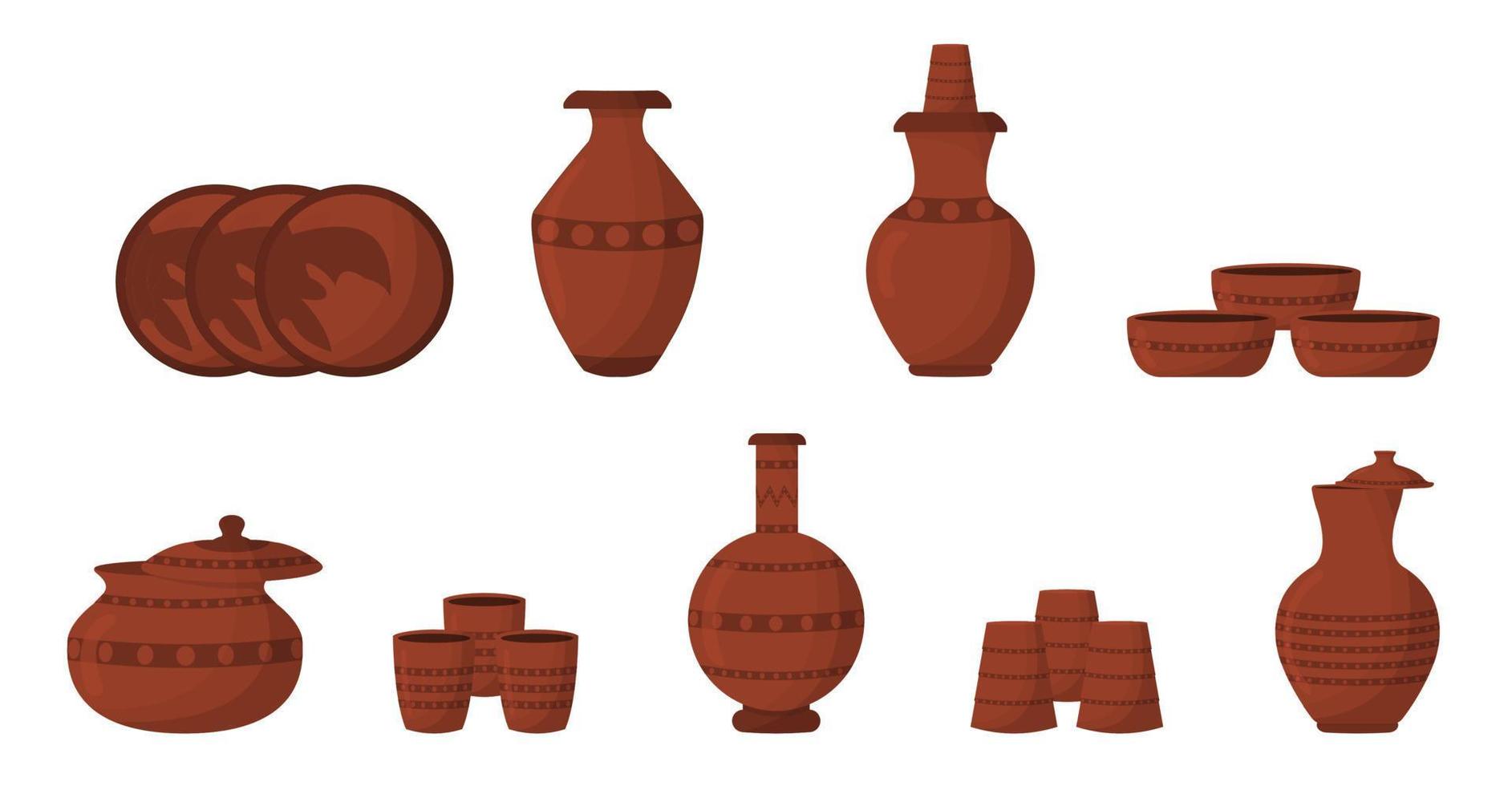 einstellen von Lehm Töpfe, Krug, Krug, Glas, Amphora Vektor Illustration von uralt Lehm traditionell Vase isoliert auf Weiß Hintergrund.