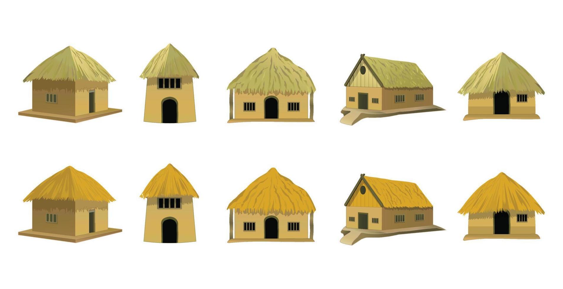 afrikanisch Stil traditionell Haus Sammlung, Bungalow mit mit Stroh gedeckt Dach Vektor Illustration.