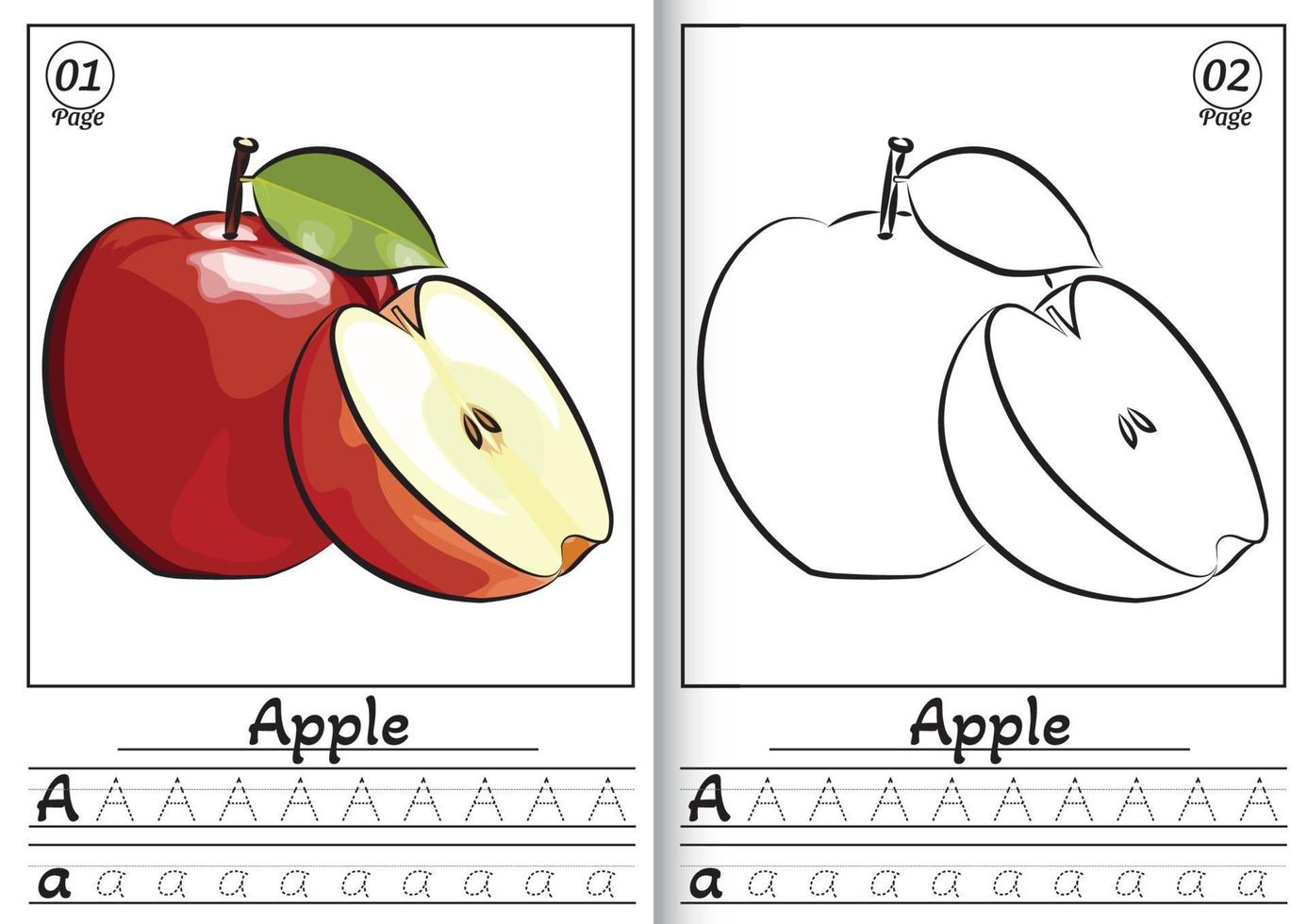 äpple alfabet ABC färg sida a. spårande Allt brev av engelsk alfabet. förskola aktivitet för barn vektor