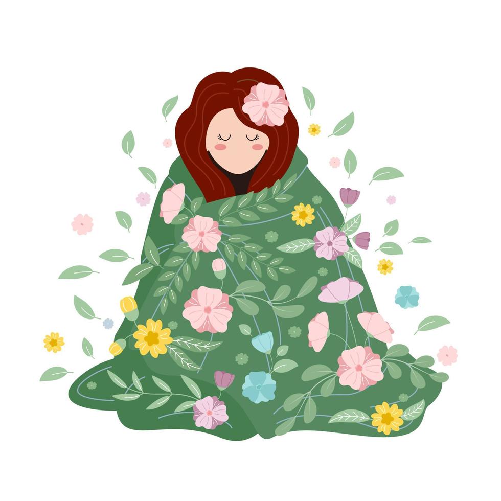 das Mädchen im ein Decke von Blumen. das Konzept von Liebe, Frühling, Harmonie, Glück. Vektor Illustration.