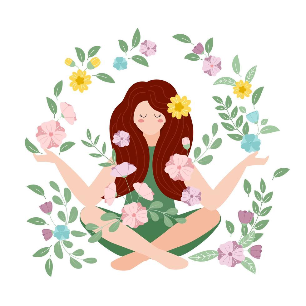 Frau meditieren im Blumen. Meditation zum Körper, Verstand und Emotionen. Konzept Illustration zum Yoga, Meditation, Entspannung, gesund Lebensstil. Vektor Illustration.