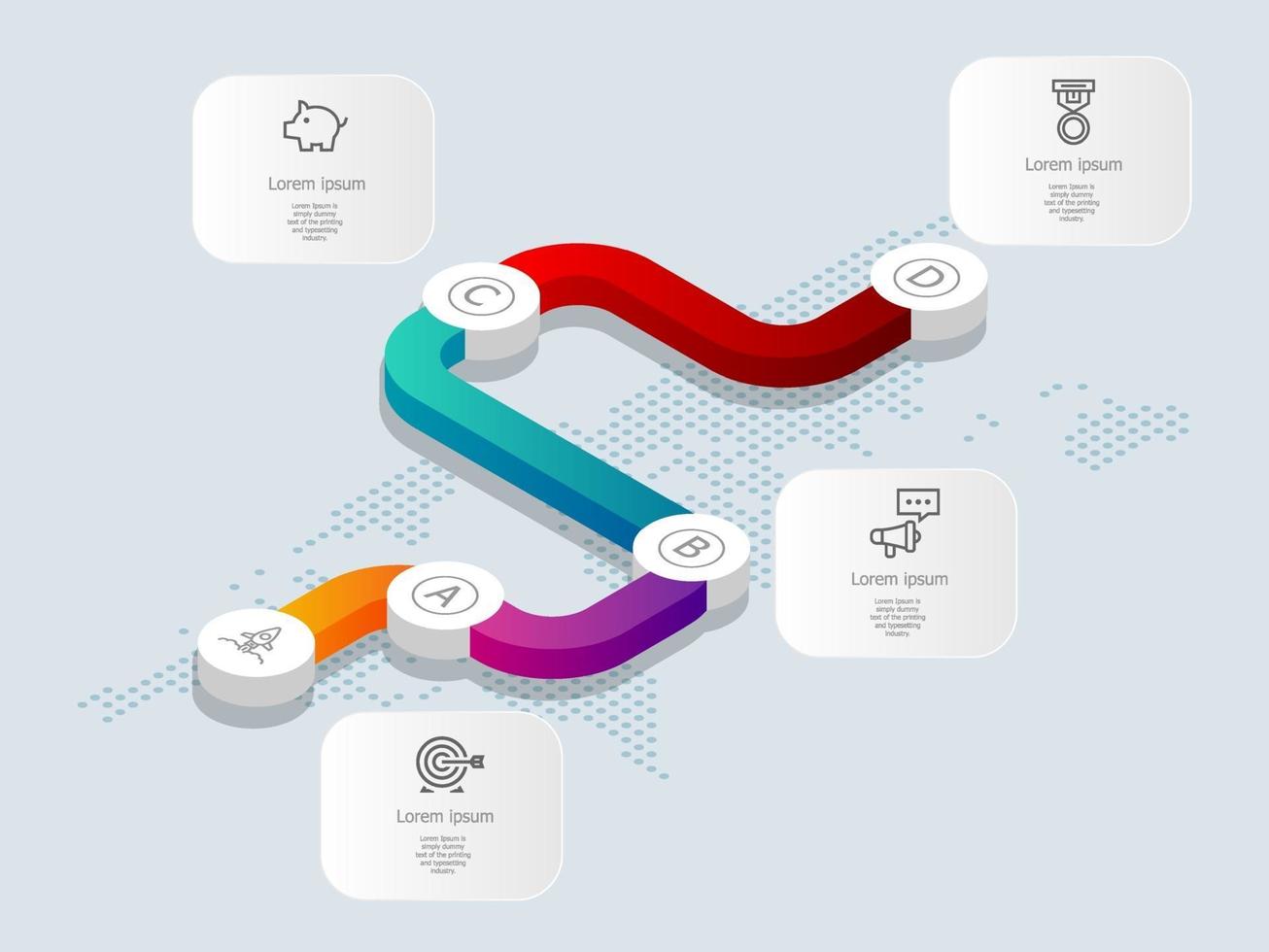 abstrakte isometrische Zeitleiste Infografiken 4 Schritte mit Weltkarte für Geschäft und Präsentation vektor