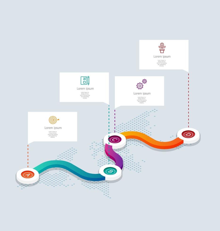 abstrakte isometrische Zeitleiste Infografiken 4 Schritte mit Weltkarte für Geschäft und Präsentation vektor