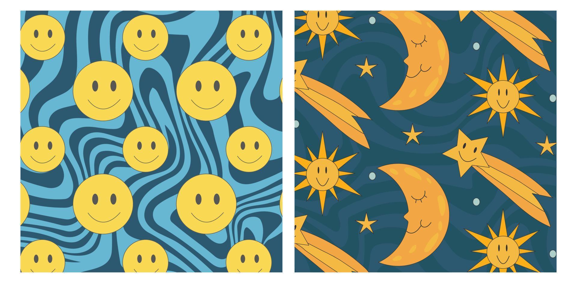 groovig Muster lächeln, Kosmos mit Sterne und Mond auf Hippie Welle Hintergrund. vektor