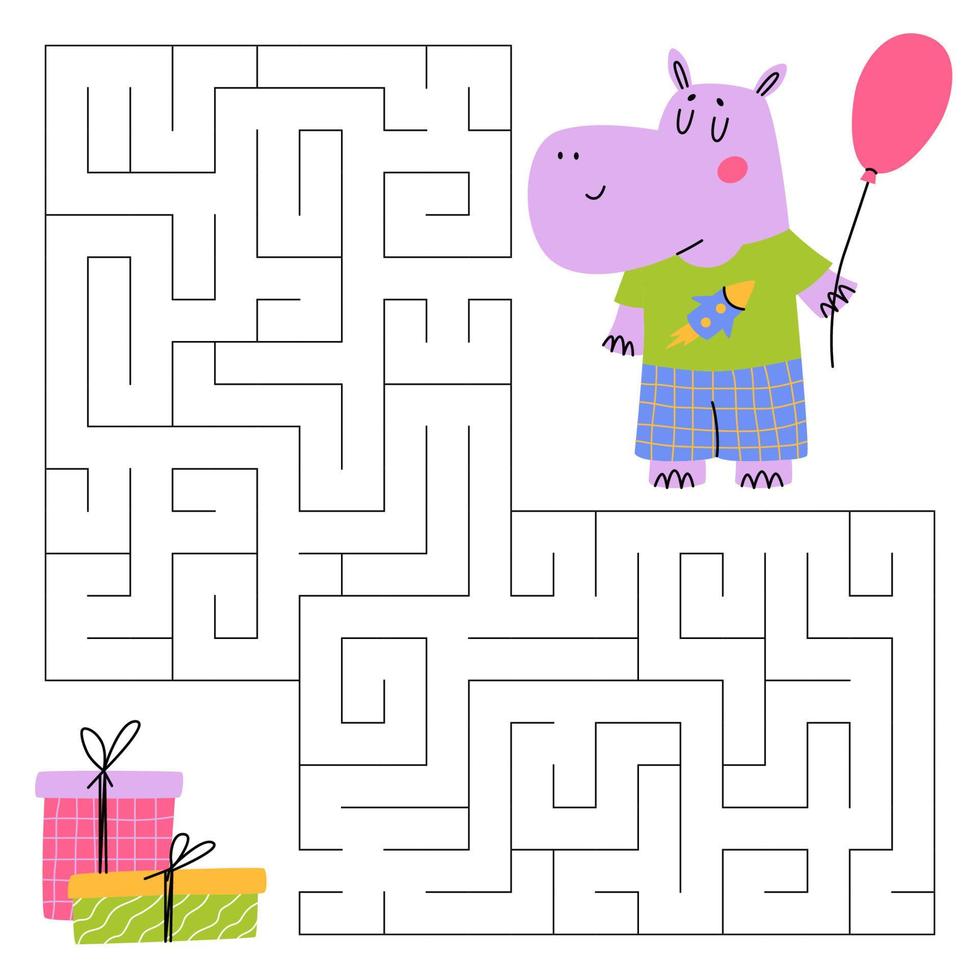 labyrint spel för ungar. roligt flodhäst ser för en sätt till de gåva låda. söt flodhäst med ballong. tryckbar arbetsblad. vektor tecknad serie illustration för födelsedag.