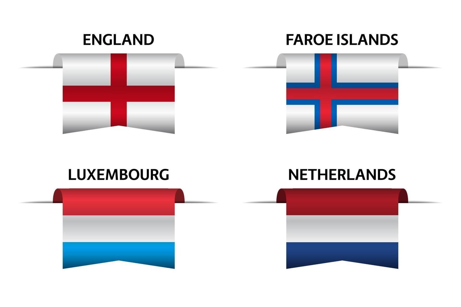 Set aus vier englischen, färöischen Inseln, luxemburgischen und holländischen Bändern. Made in England, Made in Faroe Islands, Made in Luxemburg und Made in Niederlande Aufkleber und Etiketten. Vektor einfache Symbole mit Flaggen