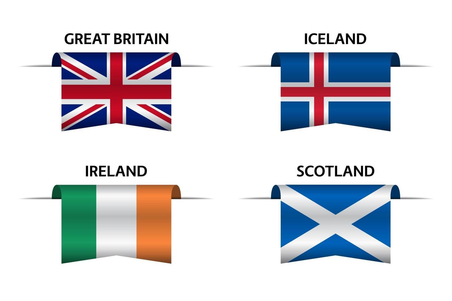 Set aus vier britischen, isländischen, irischen und schottischen Bändern. Hergestellt in Großbritannien, hergestellt in Island, hergestellt in Irland und hergestellt in Schottland Aufkleber und Etiketten. Vektor einfache Symbole mit Flaggen