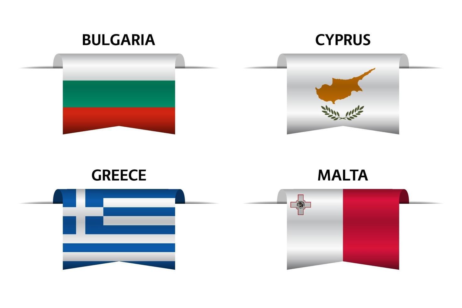 Set aus vier Bändern aus Bulgarien, Zypern, Griechenland und Malta. Hergestellt in Bulgarisch, hergestellt in Zypern, hergestellt in Griechenland und hergestellt in Malta-Aufklebern und Etiketten. Vektor einfache Symbole mit Flaggen