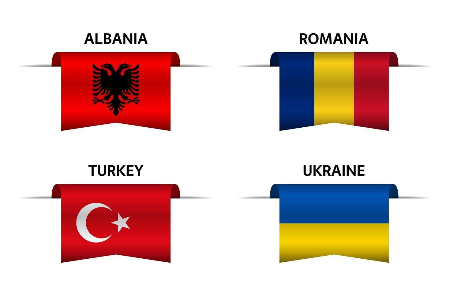 uppsättning av fyra albanska, rumänska, turkiska och ukrainska band. tillverkad i Albanien, tillverkad i Rumänien, tillverkad i Turkiet och tillverkad i Ukraina klistermärken och etiketter. vektor enkla ikoner med flaggor