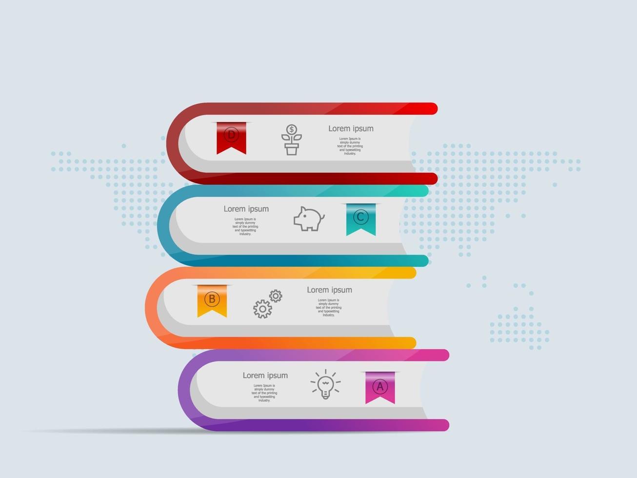 Stapel Bücher Infografiken Vorlage 4 Schritte mit Weltkarte für Geschäft und Präsentation vektor