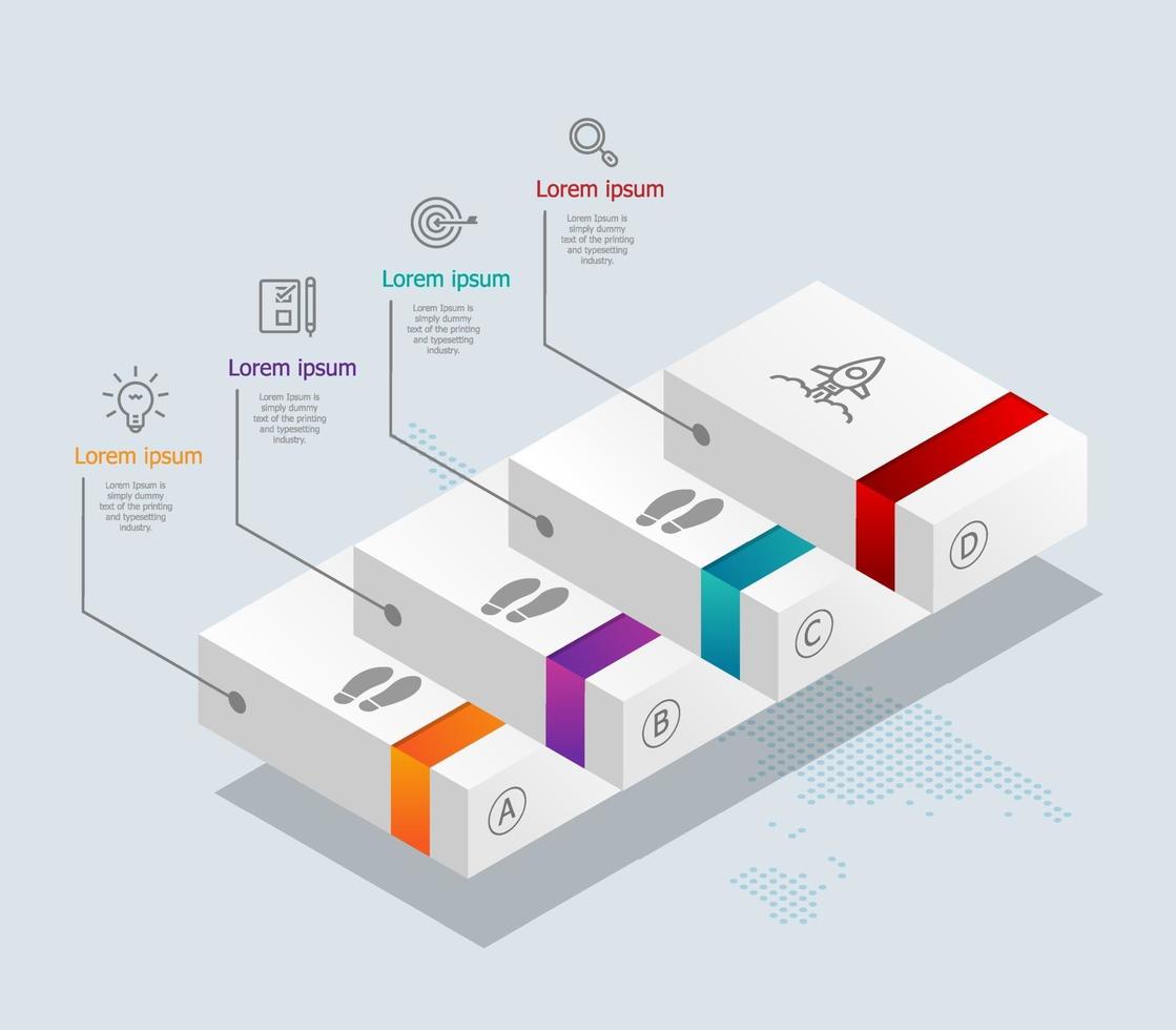 abstrakte Treppen Timeline Infografiken 4 Schritte mit Weltkarte für Geschäft und Präsentation vektor