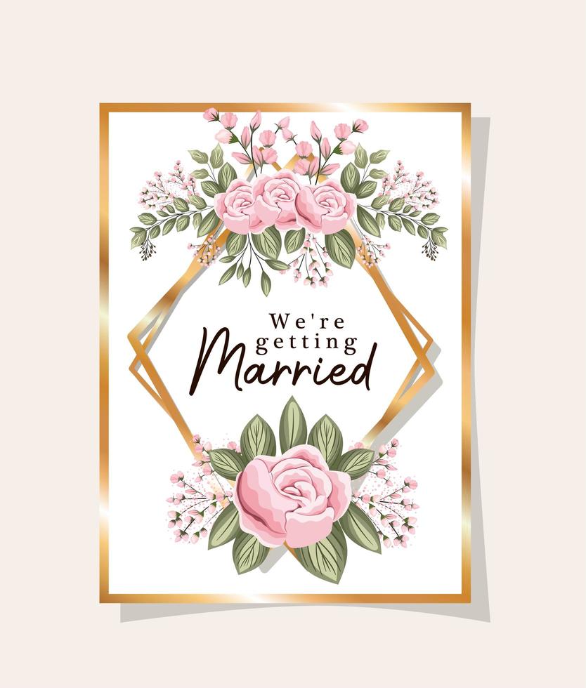 Hochzeitseinladung mit Goldrahmen Rose Blumen und Blätter Vektor-Design vektor