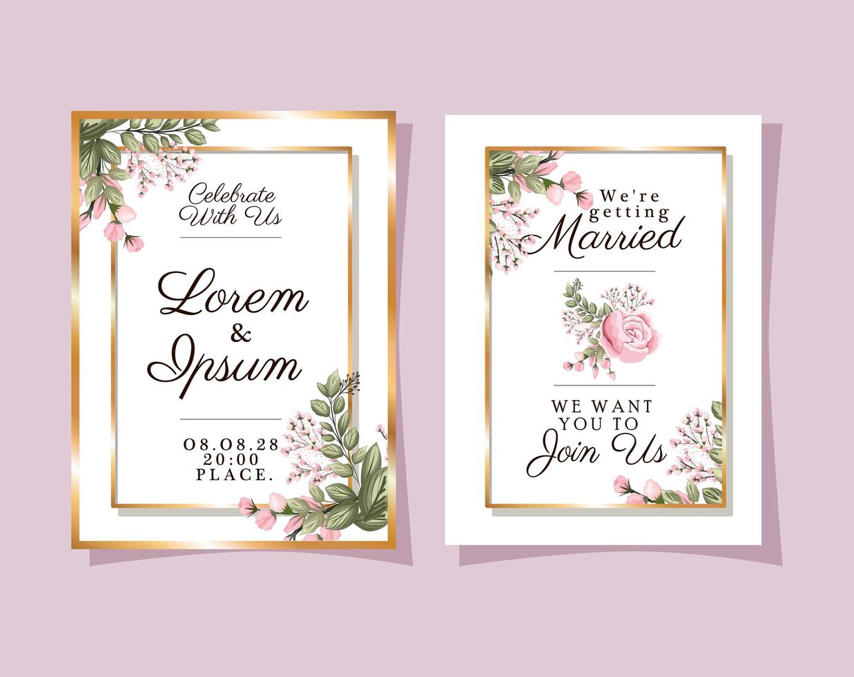 zwei Hochzeitseinladungen mit Goldrahmen rosa Blumen und Blätter Vektor-Design vektor