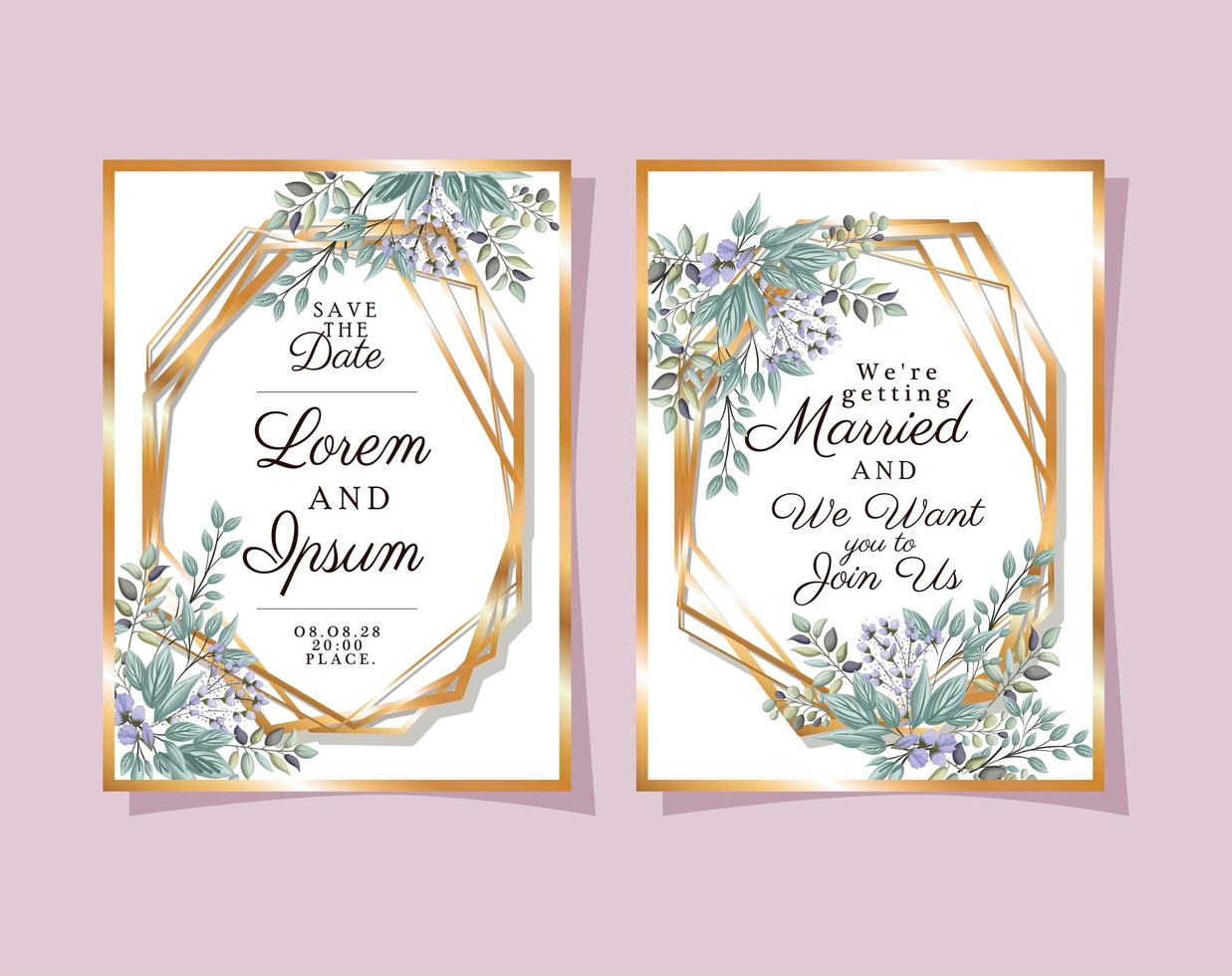 två bröllopsinbjudningar med guldramar lila blommor och bladvektordesign vektor