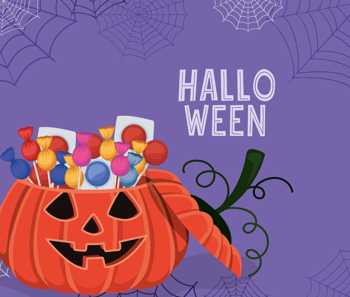 halloween pumpa med godis och spindelnät vektor design