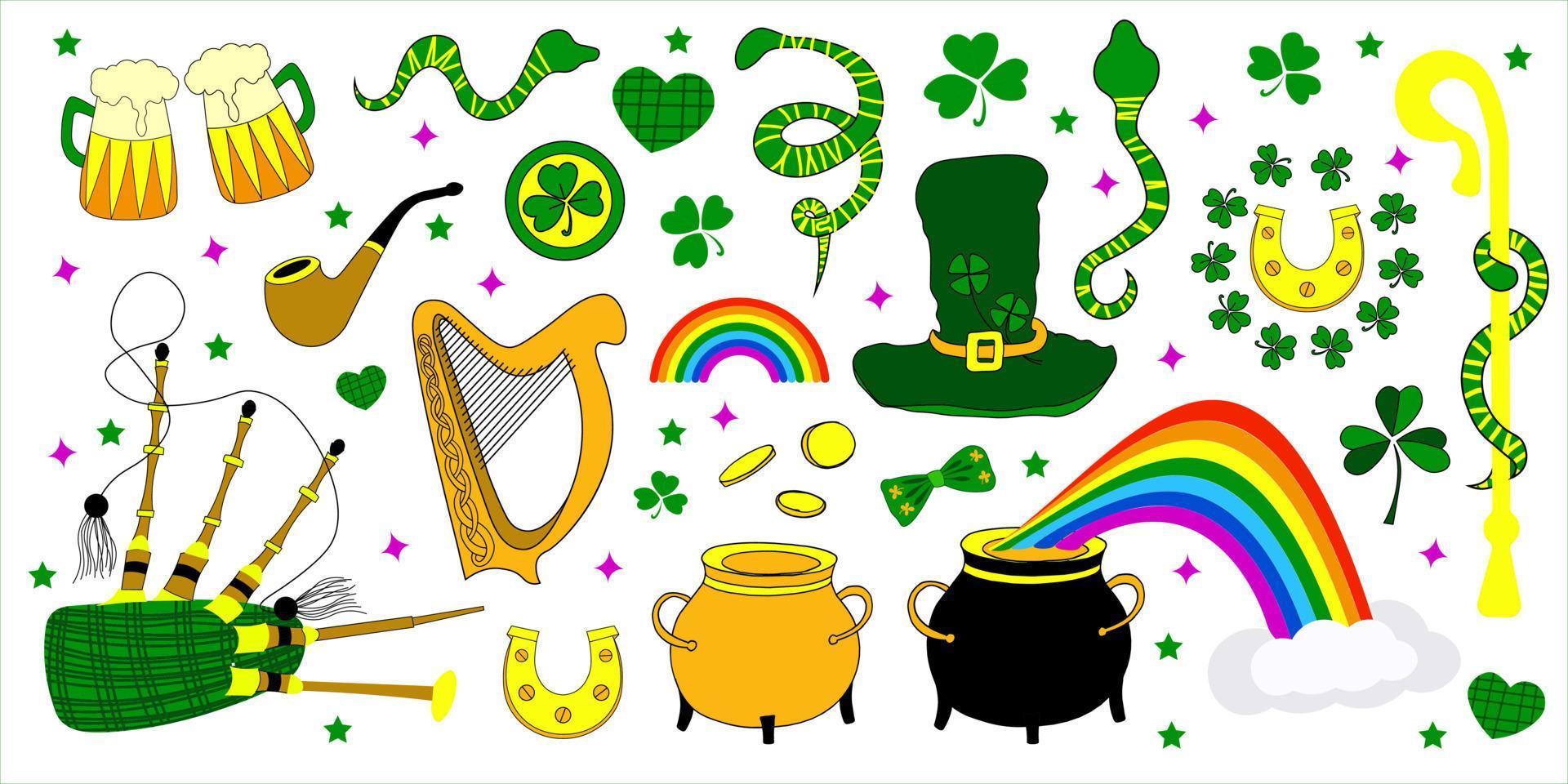 st. Patrick's Tag Aufkleber. Geschenk Aufkleber Design zum Patrick's Tag. Weiß Hintergrund. Kleeblatt und Kleeblatt. Hufeisen, Kobold Hut und Topf von Gold Münzen. gut Glück Symbole vektor