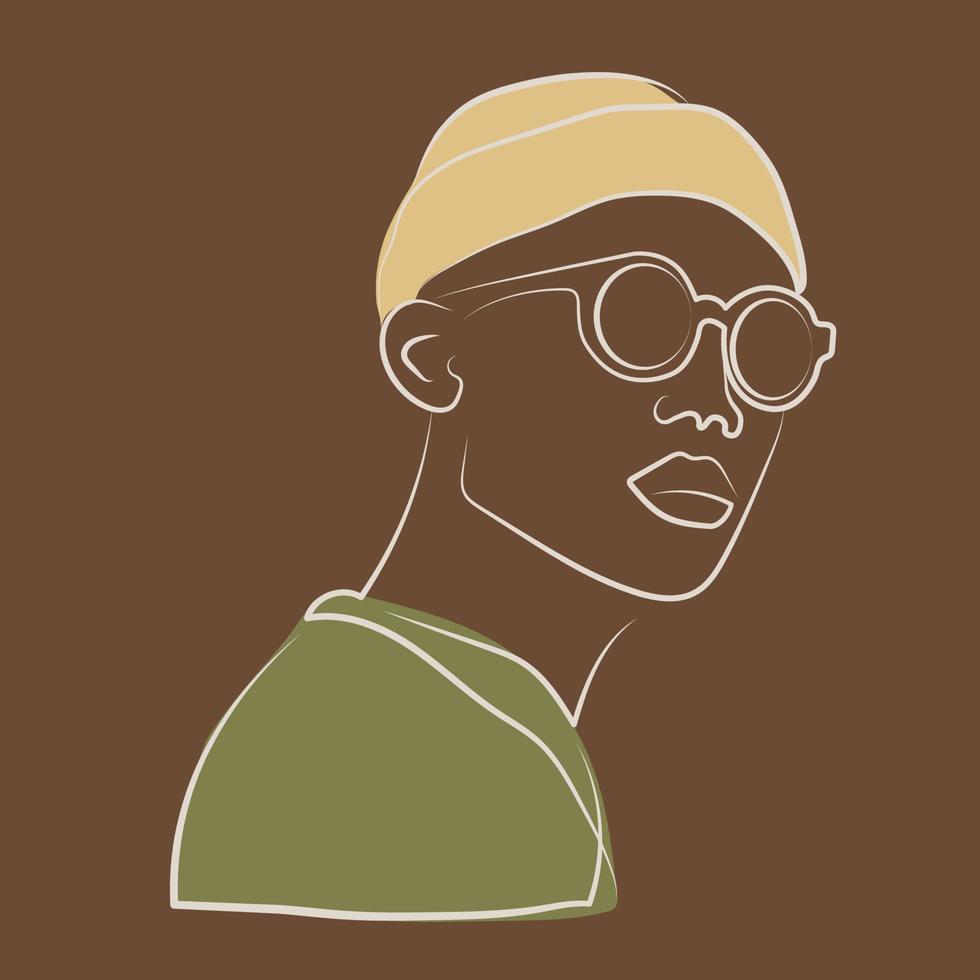 afrikansk ung hipster man i glasögon stil porträtt illustration. porträtt av modern man bär hatt. isolerat kvinna porträtt. fyrkant vektor konst.