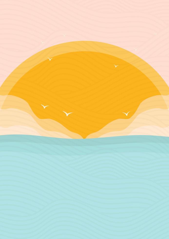 minimalistisch modern Ozean Seite und Sonnenuntergang drucken. Ozean Welle und Vögel ästhetisch Landschaft. Horizont, Welle Vektor Illustration