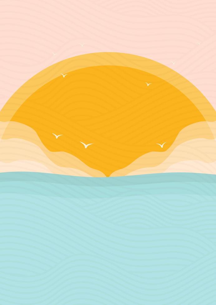 minimalistisk modern hav sida och solnedgång skriva ut. hav Vinka och fåglar estetisk landskap. horisont, Vinka vektor illustration