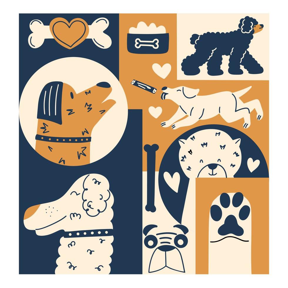 tid kort med eleganta och rolig djur. mönster i hand dragen stil med hund. vektor illustration i platt stil