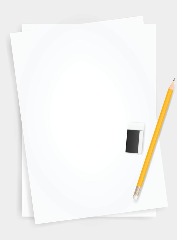 Weißbuchblatthintergrund mit Bleistift und Radiergummi. Vektor. vektor
