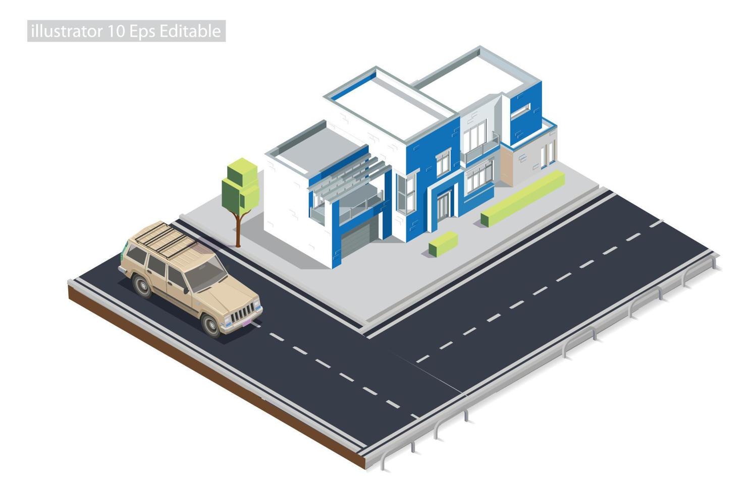 Isometrische Villa am Straßenrand auf dem Bürgersteig, bearbeitbar in 10 Folgen. vektorisometrische illustration perfekt für diagramme, infografiken und andere grafische elemente vektor