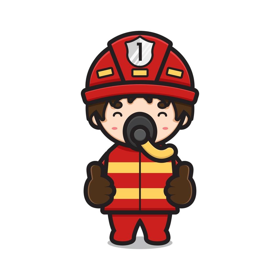 söt brandman karaktär bär syre slang med bra pose tecknad vektor ikon illustration