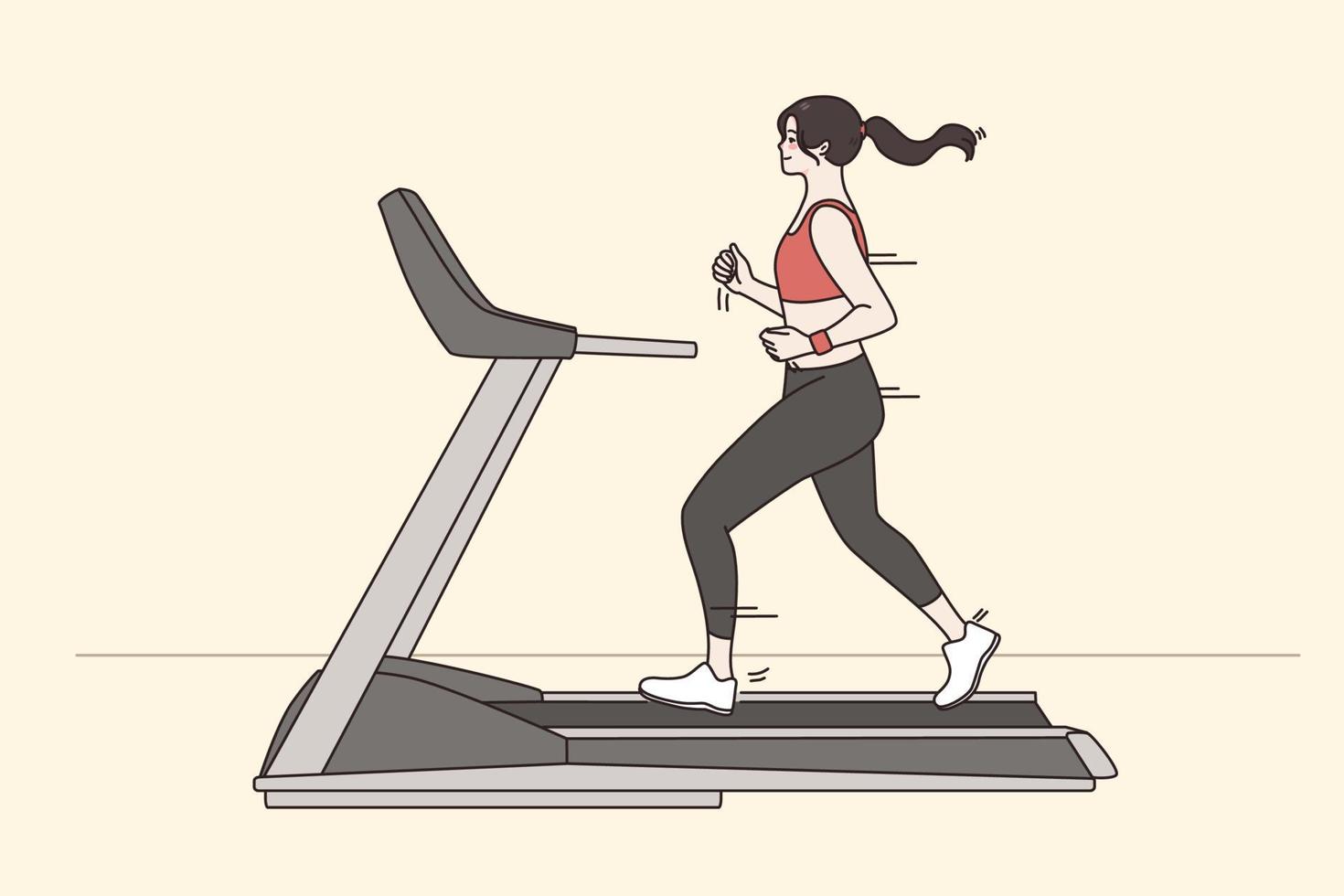 aktiva sportig livsstil och joggning begrepp. ung leende flicka bär sportkläder löpning i Gym på löpband känsla upphetsad vektor illustration