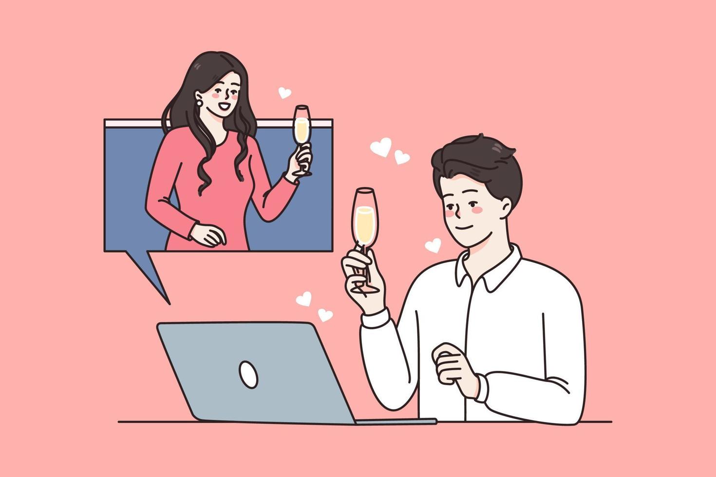 online Urlaub und Feier Konzept. lächelnd Menschen halten Brille von Champagner zum Urlaub online von Laptop Bildschirm Vektor Illustration
