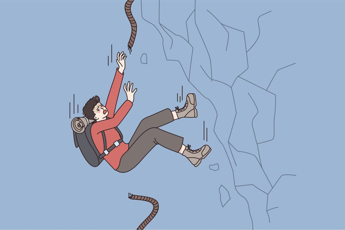 fel och faller i sport begrepp. ung man alpinist med bruten rep faller ner åt sidan backe känsla panik vektor illustration