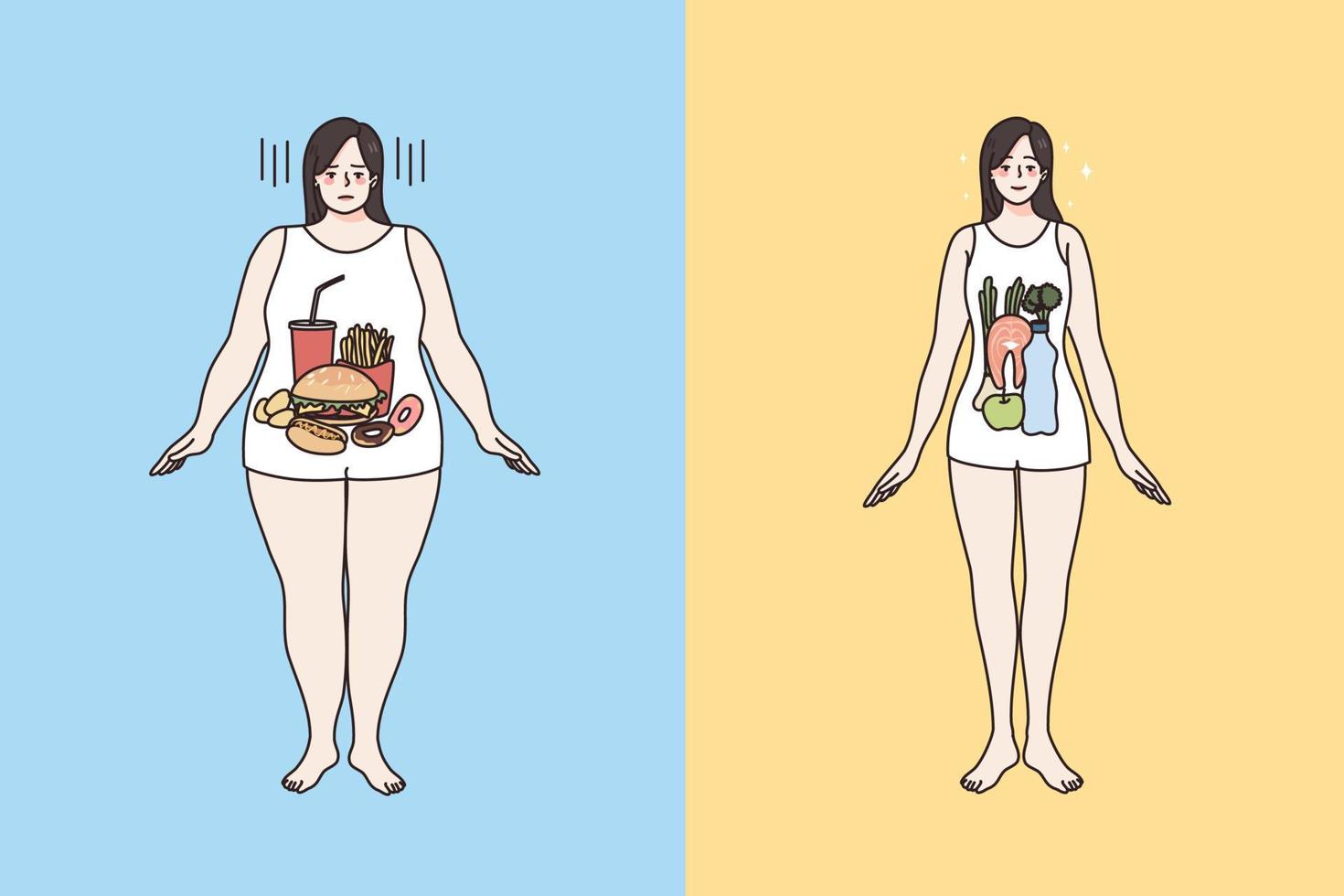 friska och ohälsosam mat och kropp begrepp. ung ledsen fett över vikt kvinna med snabb mat inuti och smal passa friska leende kvinna med färsk organisk diet i mage vektor illustration