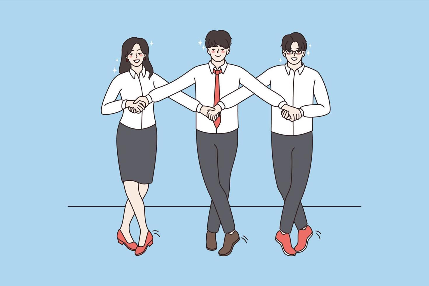 Zusammenarbeit und korporativ Party Konzept. Gruppe von drei Kollegen halten Hände Tanzen zusammen im Büro während korporativ Veranstaltung Vektor Illustration