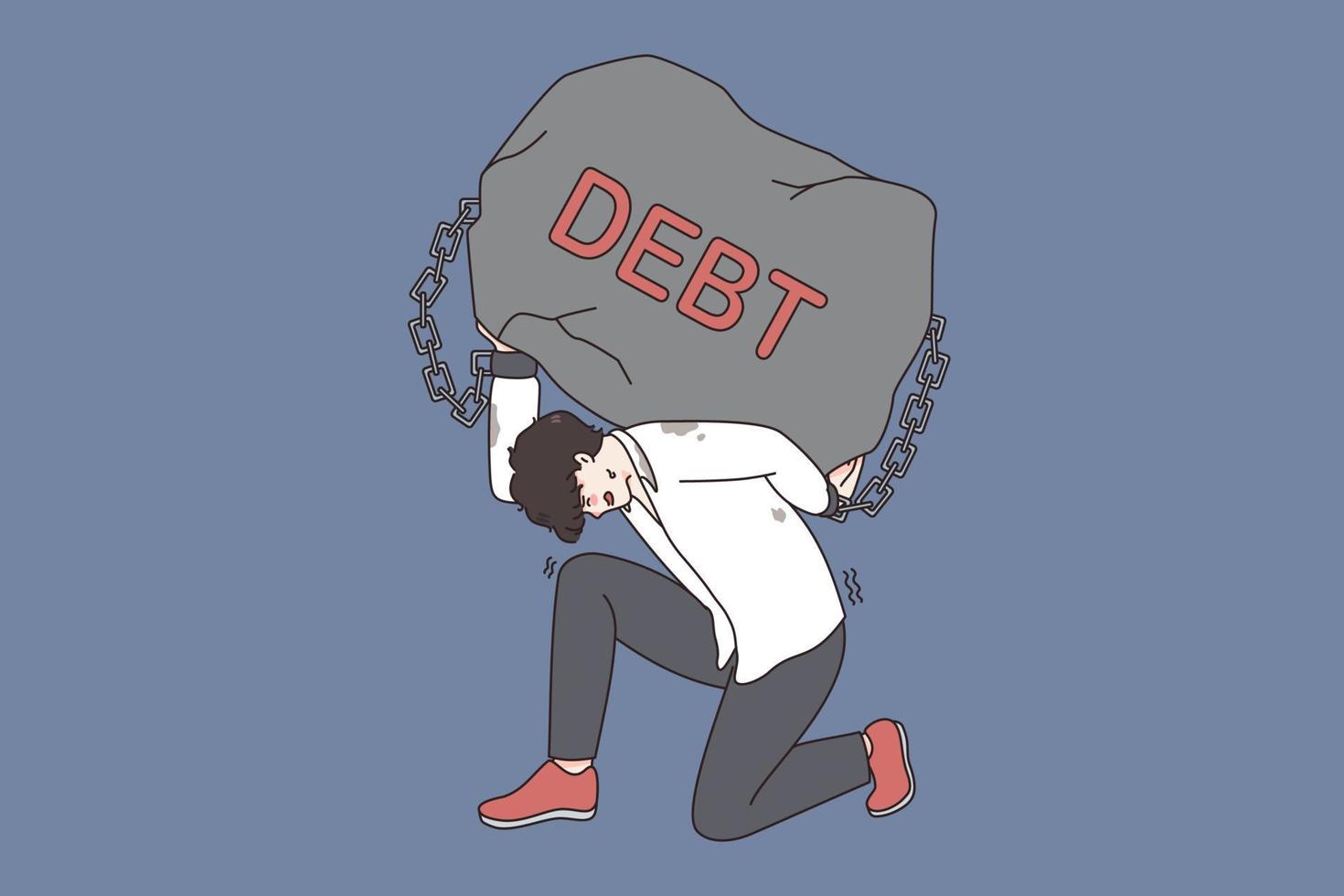 finansiell kris och skuld begrepp. ung betonade utmattad affärsman Sammanträde på knä innehav enorm sten som skuld på tillbaka känsla dålig vektor illustration