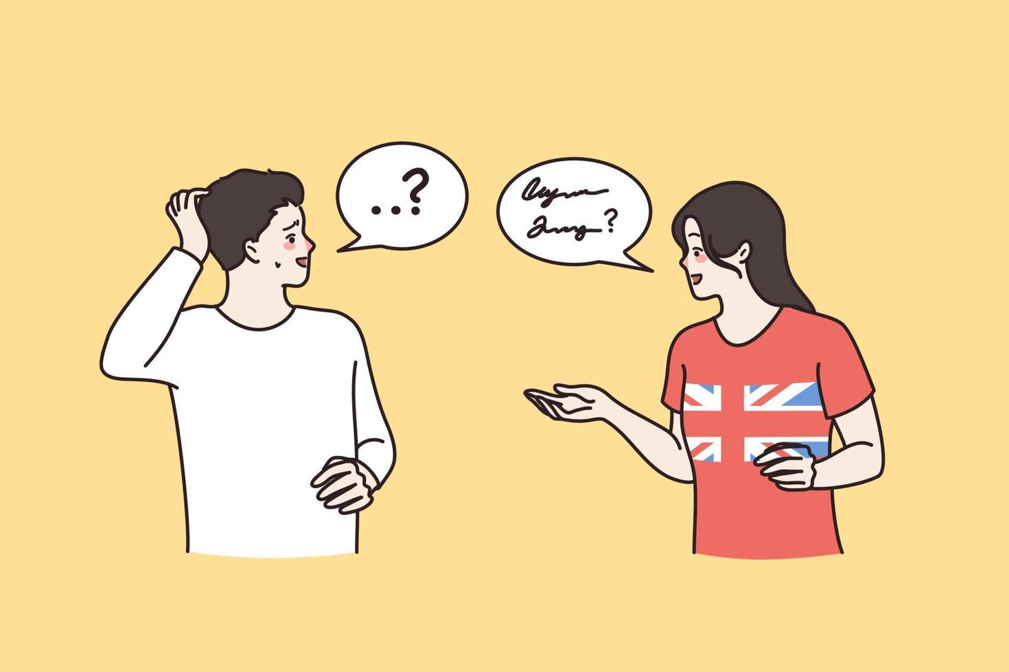 Menschen sich unterhalten anders Sprachen tun nicht verstehen jeder andere. Ausländer sprechen Gefühl verwirrt haben Missverständnis. sprachlich Barriere im Kommunikation. eben Vektor Illustration.