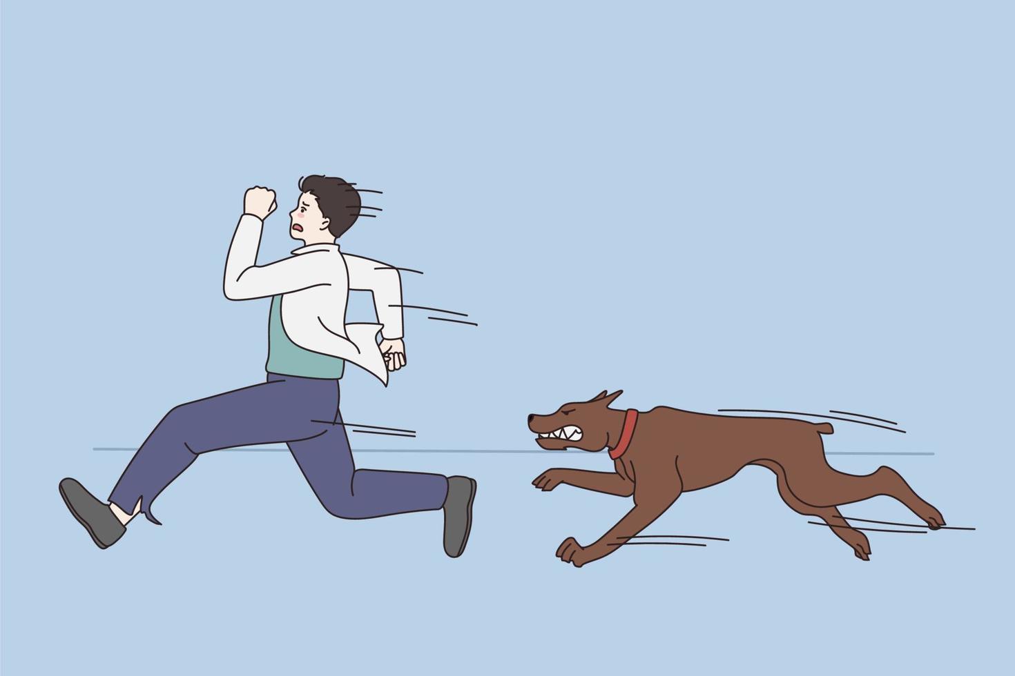 Gefühl erschrocken und Angst von Hunde Konzept. jung betont Angst Mann Laufen von braun Hund draußen Gefühl erschrocken und Panik Vektor Illustration