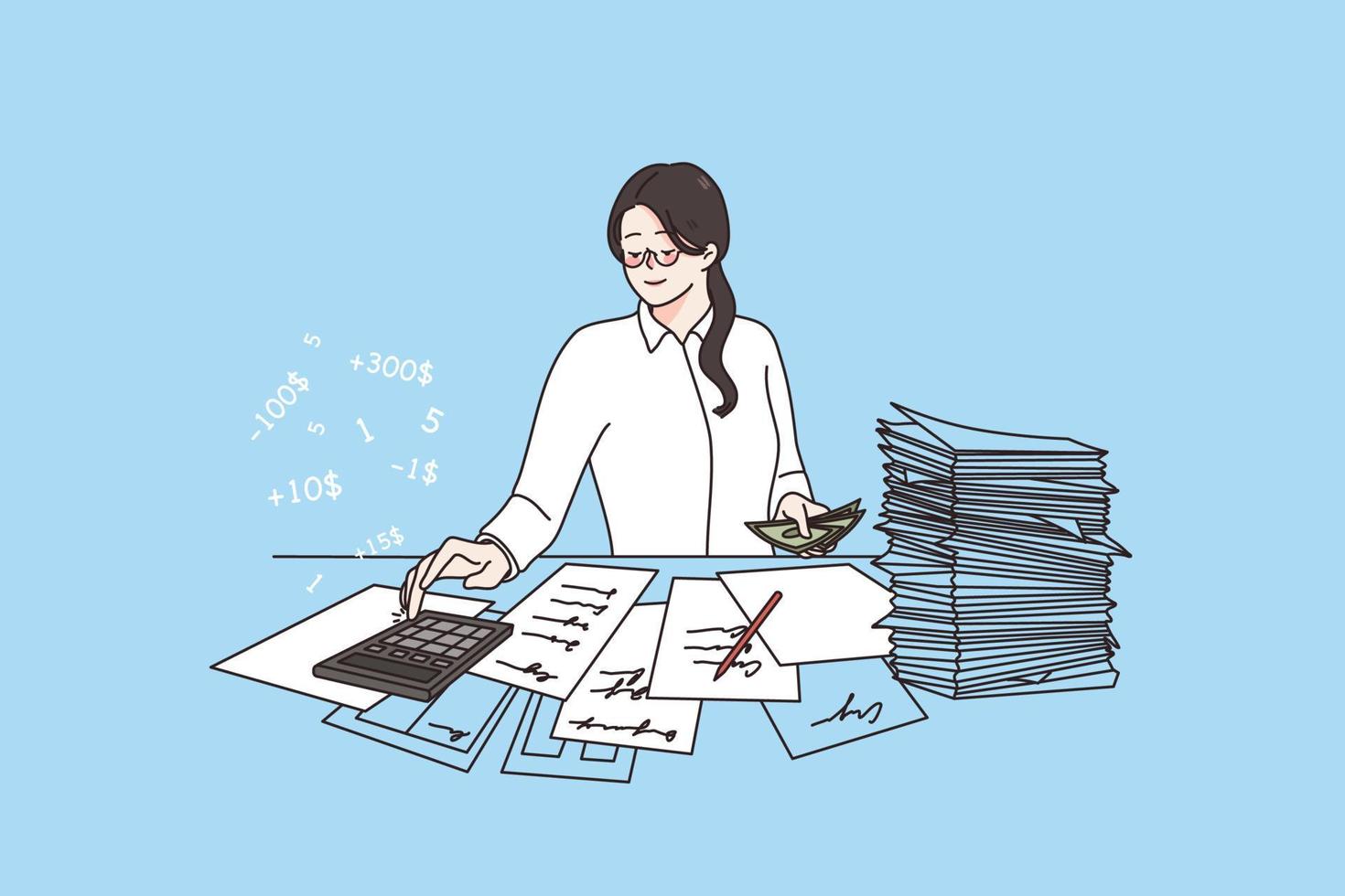finansiell analys och beräknande begrepp. positiv asiatisk kvinna revisor Sammanträde i kontor beräknande kostnader och finansiell situation vektor illustration