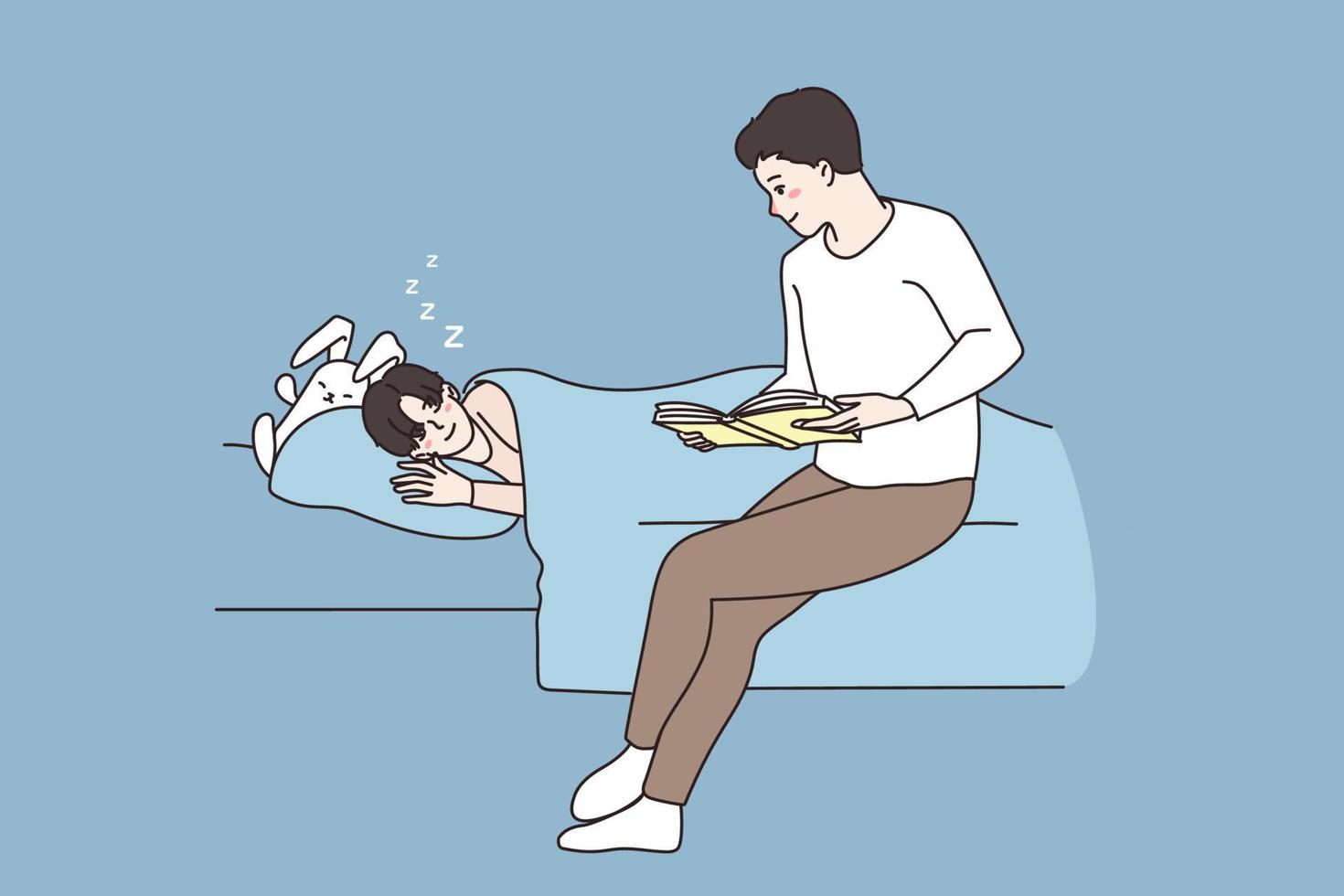 liebend Vater lesen Buch zu glücklich klein Teen Sohn Lügen im Bett Schlafen im Abend. Pflege Single Papa lesen Bettzeit Geschichte zu wenig Junge Kind. Familie, Vaterschaft Konzept. eben Vektor Illustration.