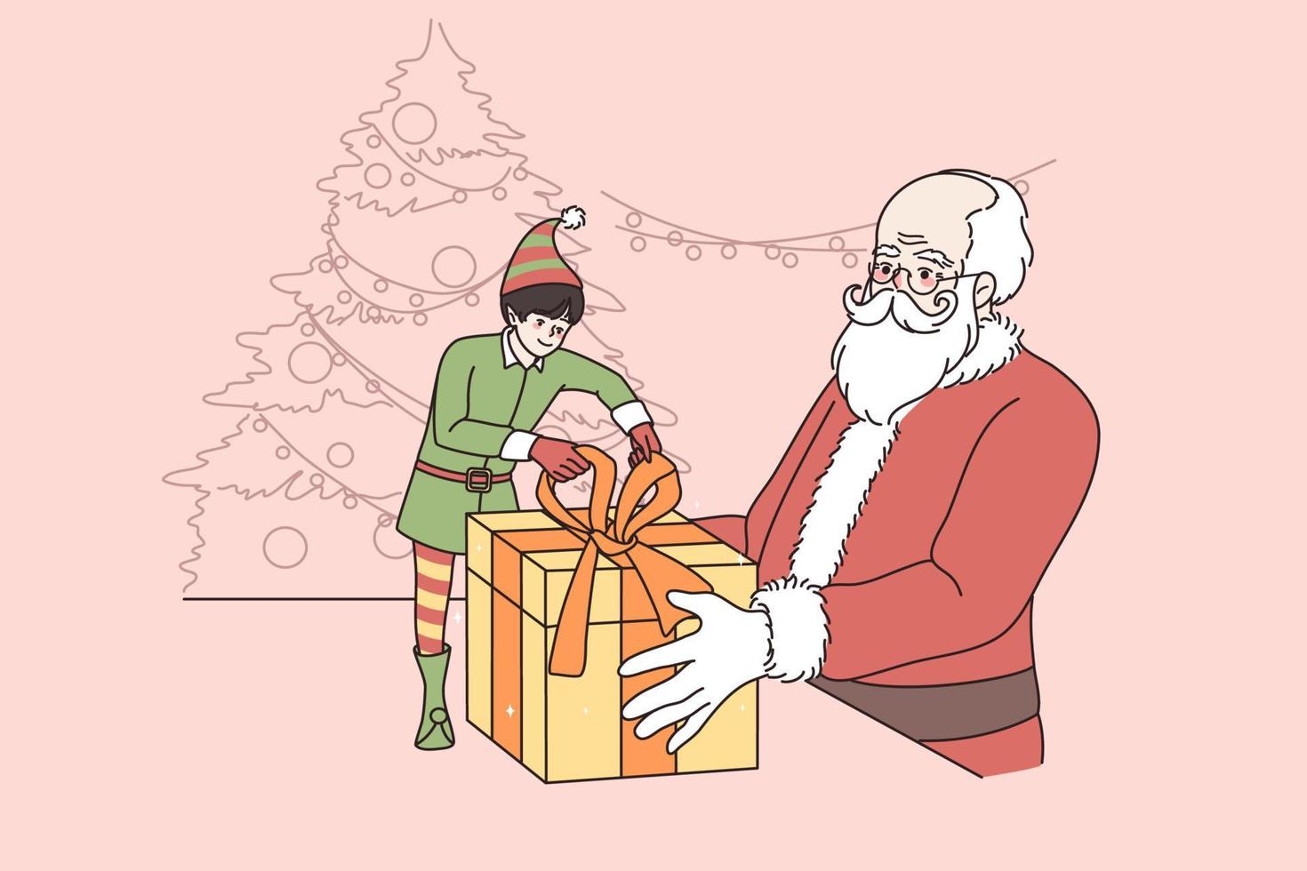 wenig Elf Hilfe lächelnd Santa claus Pack Neu Jahr die Geschenke zum Kinder. klein glücklich Helfer und Vater Weihnachten bereiten Geschenke Überraschungen zum Kinder auf Winter Urlaub Urlaub. Vektor Illustration.